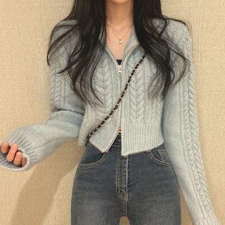Cable Knit Zip-up Cropped Cardigan