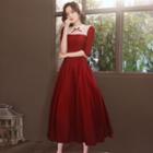 Short-sleeve Ribbon A-line Evening Dress / Evening Gown