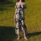 Short-sleeve Cold Shoulder Floral Jumpsuit