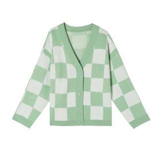 Checked Cardigan White & Green - One Size