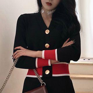 Color Block V-neck Cardigan / Wide-leg Pants
