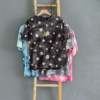 Short-sleeve Floral Print Tie-dyed T-shirt