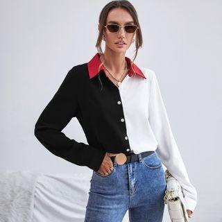 Long-sleeve Color Block V-neck Blouse