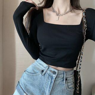 Cropped Long-sleeve Square Neck T-shirt