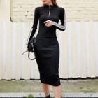 Lettering Long-sleeve Midi Sheath Knit Dress Black - One Size