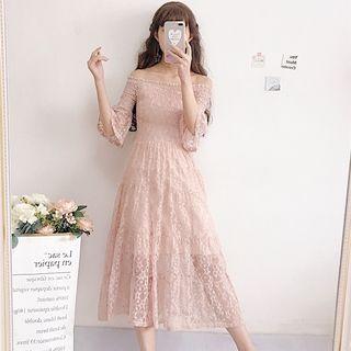 Off-shoulder Lace Elbow-sleeve Midi Dress