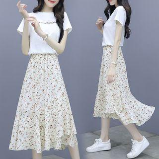 Lettering Panel Floral Chiffon Midi Dress