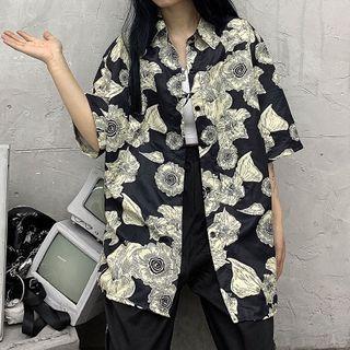 Elbow-sleeve Floral Print Shirt Shirt - One Size