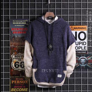 Mock Two-piece Color Block Letter Knit Hoodie