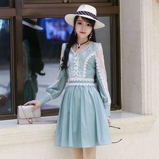 Long-sleeve Lace Trim Buttoned Mini Dress