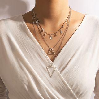 Layered Geometric Leaf Charm Necklace 17603 - Silver - One Size