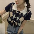 Short-sleeve Collared Argyle Cropped Cardigan Argyle - Almond & Black - One Size