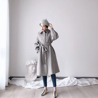 Plaid Single-breasted Coat With Sash Grayish Green - One Size