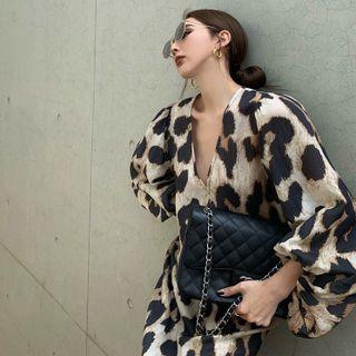 Leopard-print V-neck Maxi Dress As Figure - One Size