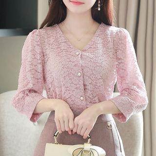 V-neck Balloon-sleeve Lace Blouse