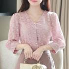V-neck Balloon-sleeve Lace Blouse