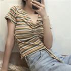 Striped V-neck Drawstring Short-sleeve T-shirt