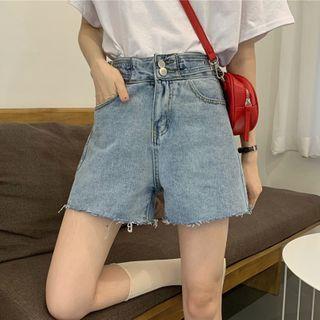 High-waist Denim Fray-hem Wide-leg Shorts