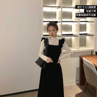 Turtleneck Plain Top / Plain Corduroy Ruffle A-line Dress