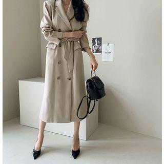 Double-breasted Pleated-back Coatdress With Belt