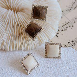 Rhinestone Wooden Square Earring 1 Pair - Brown - One Size