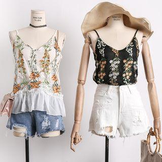 Ruffled-hem Embroidered Chiffon Camisole Top