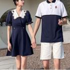 Couple Matching Short-sleeve Strawberry Embroidered Collared T-shirt / Mini A-line Dress / Plain Shorts