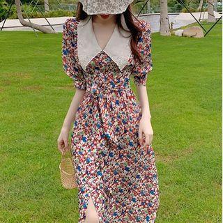 Contrast Lace Collar Floral Print A-line Dress