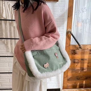 Fleece Trim Corduroy Crossbody Bag
