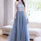 Flower Embroidered Faux Pearl Sheath Evening Gown