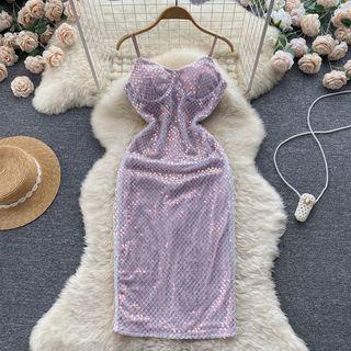Suspender Plain Sequin Slit Dress