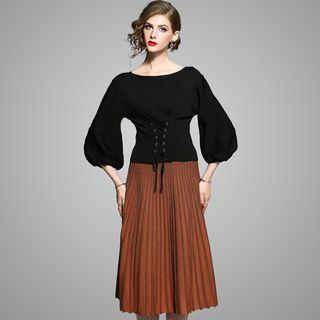Set: Lace-up Top + Pleated Skirt