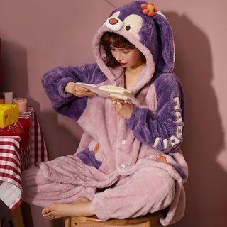 Loungewear Set : Long-sleeve Coral Fleece Hooded Robe + Pants