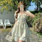 Short-sleeve Cold Shoulder Bow A-line Mini Dress