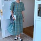 Plaid Short Sleeve Midi Dress Green - One Size