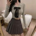 Long-sleeve Bow Crop Polo Shirt / Pleated A-line Skirt / Set