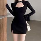 Knit Slit Mini Sheath Dress Black - One Size