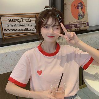 Contrast Trim Heart Embroidered T-shirt As Shown In Figure - One Size