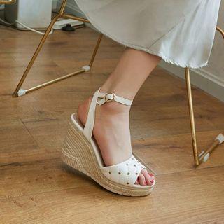 Genuine Leather Studded Wedge Platform Sandals