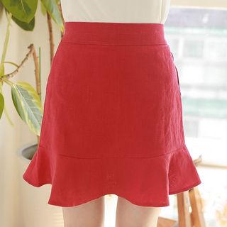 Band-waist Ruffle-hem Linen Mini Skirt
