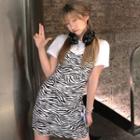 Mock Two-piece Short-sleeve Leopard / Zebra Print Mini Dress
