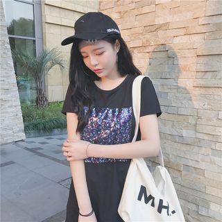 Mesh Hem Sequined T-shirt Dress