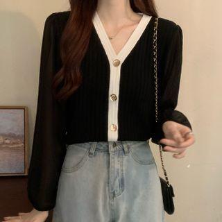 Long-sleeve V-neck Chiffon Panel Plain Button-up Knit Top