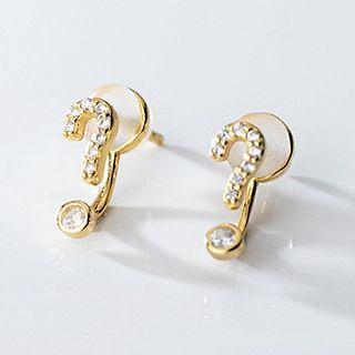 925 Sterling Silver Rhinestone Question Mark Stud Earring S925 Sterling Silver - 1 Pair - Gold - One Size