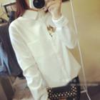Cat Embroidered Long-sleeve Shirt White - One Size