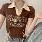 Short-sleeve Print Lace-up Crop Top