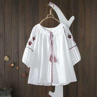 Tasseled Embroidered Long-sleeve Blouse