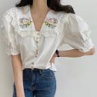 Short-sleeve Lace Trim Flower Embroidered Blouse White - One Size