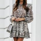 Puff-sleeve Snakeskin Print A-line Dress