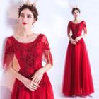 Short-sleeve Fringed Embellished A-line Evening Gown